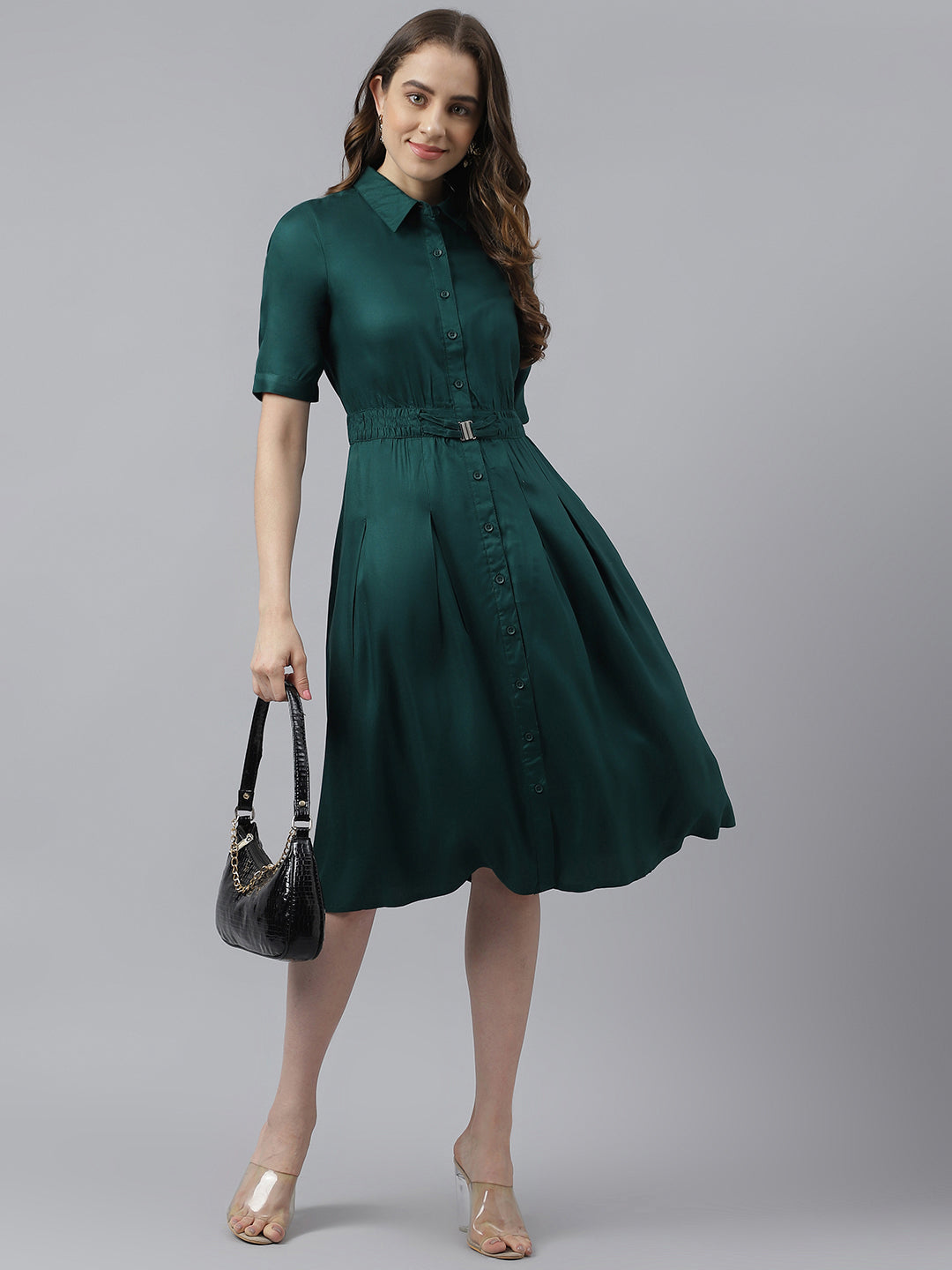 Green Solid Coller Neck With Roll On Sleeves Shirt Dress With Belt