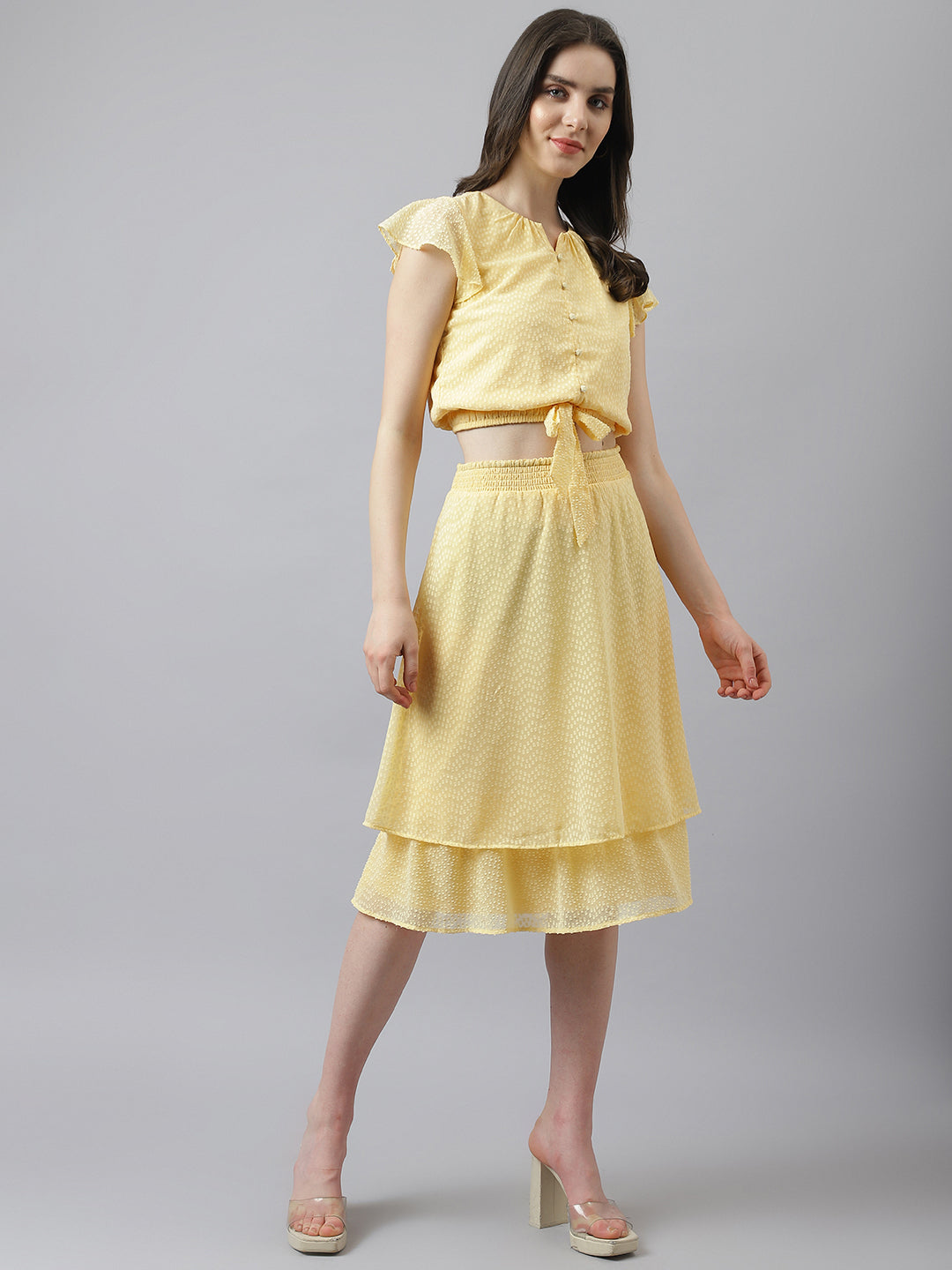 Yellow Co Ord Set With A-Line Skirt And Knotted Top With Cap Sleeves