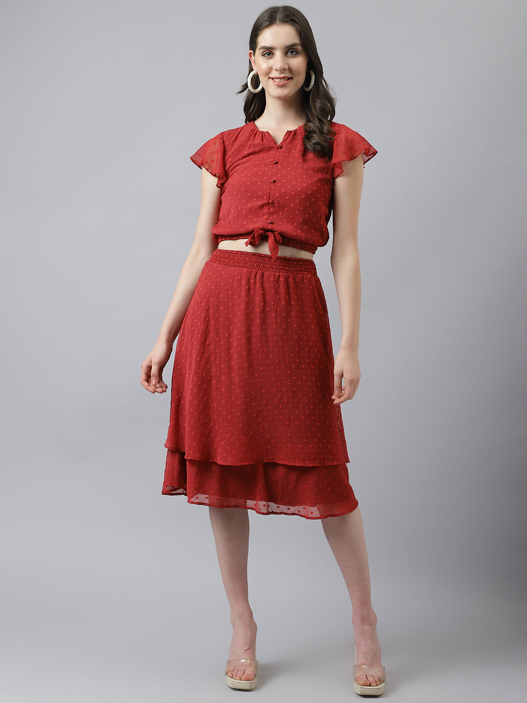 Maroon Co Ord Set With A-Line Skirt And Knotted Top With Cap Sleeves