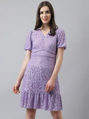 Lilac Self Design Lace Ruffle Dress With Puffer Sleeves