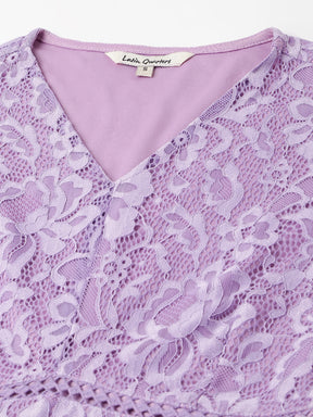 Lilac Self Design Lace Ruffle Dress With Puffer Sleeves