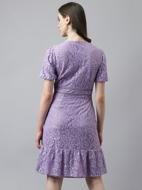 Lilac Self Design Lace Ruffle Dress With Puffer Sleeves