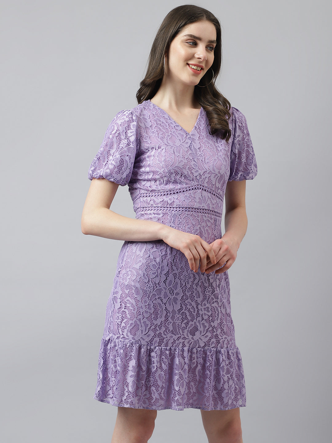 Lilac Self Design Lace Ruffle Dress With Puffer Sleeves