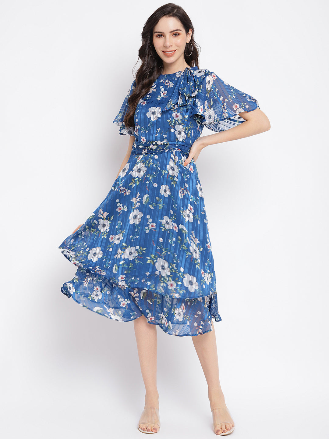 Teal Floral Printed Cap Sleeves Layered Fit & Flare Dress With Tie Up Neck