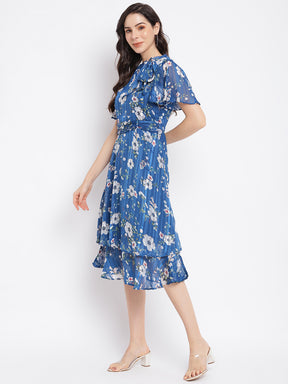 Teal Floral Printed Cap Sleeves Layered Fit & Flare Dress With Tie Up Neck