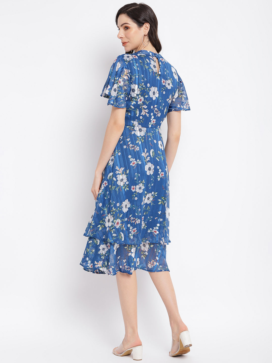 Teal Floral Printed Cap Sleeves Layered Fit & Flare Dress With Tie Up Neck