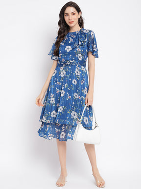 Teal Floral Printed Cap Sleeves Layered Fit & Flare Dress With Tie Up Neck