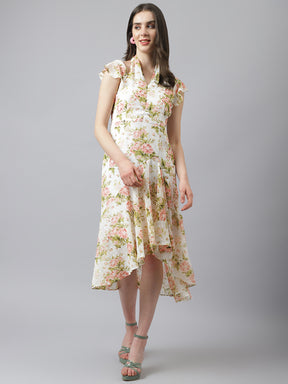 Flower Print Knee Length Dress With Cap Sleeves & V Neck