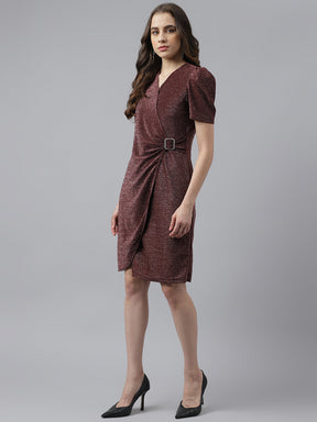 Brown V-Neck With Puffer Sleeves Embellished Wrap Dress