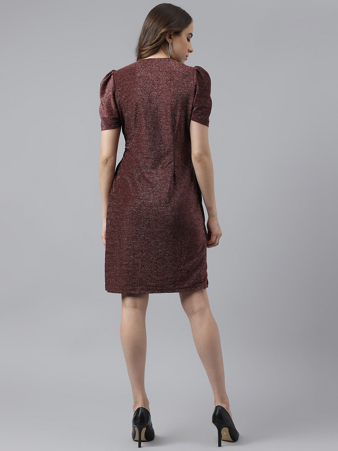 Brown V-Neck With Puffer Sleeves Embellished Wrap Dress