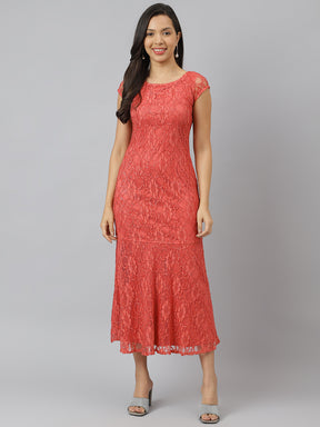 Rose Round Neck With Short Sleeve Lace Drop Waist Party Dress
