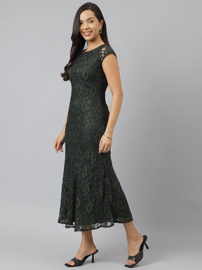 Green Round Neck With Short Sleeve Lace Drop Waist Party Dress