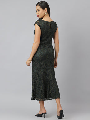 Green Round Neck With Short Sleeve Lace Drop Waist Party Dress