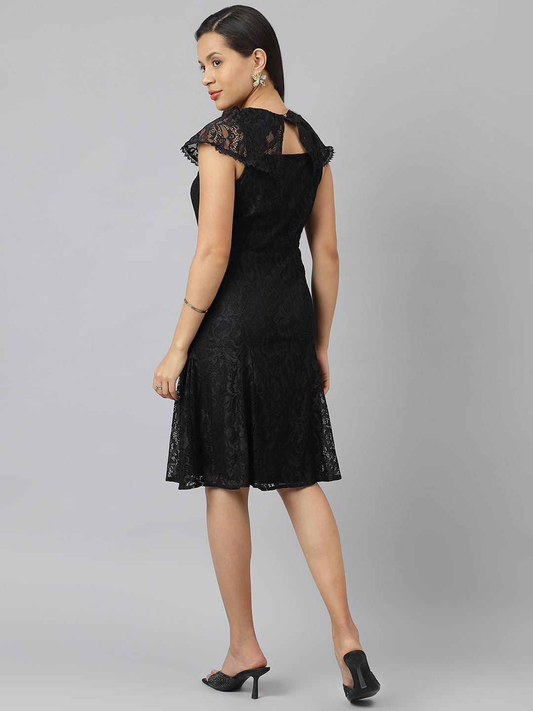 Black Square Neck With Cap Sleeve Lace A Line Dress