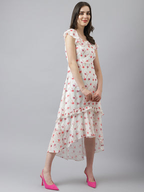Printed Knee Length Dress With Cap Sleeves And Ruffles