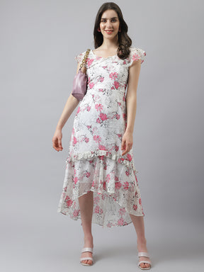Printed Midi Dress With Cap Sleeves And Ruffles