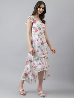 Printed Midi Dress With Cap Sleeves And Ruffles