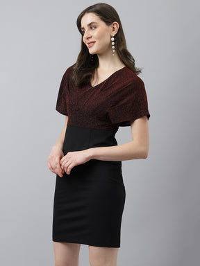 Maroon Sheath Dress With V Neck & Cap Sleeves