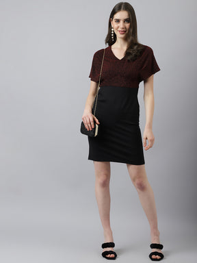 Maroon Sheath Dress With V Neck & Cap Sleeves