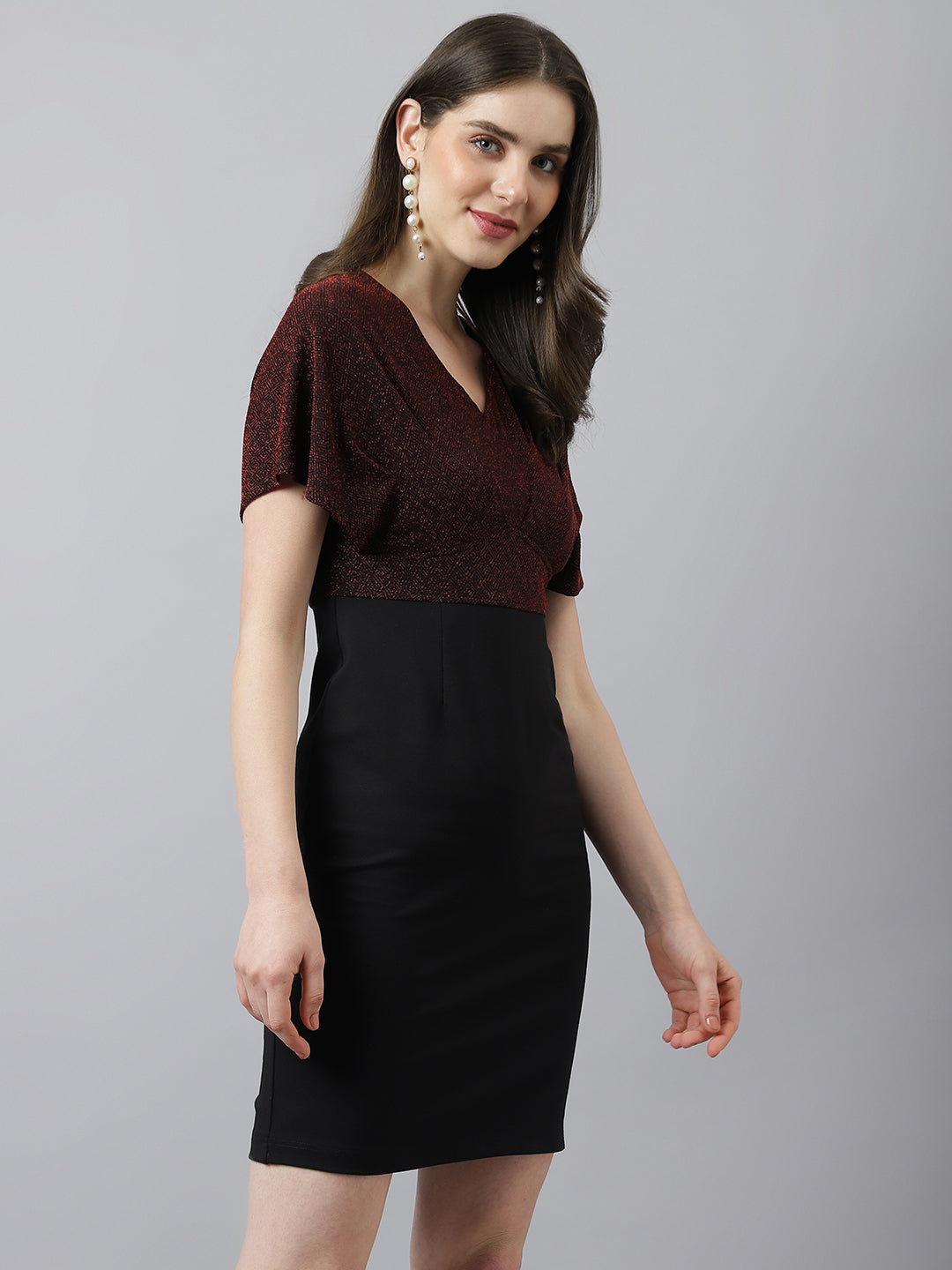 Maroon Sheath Dress With V Neck & Cap Sleeves