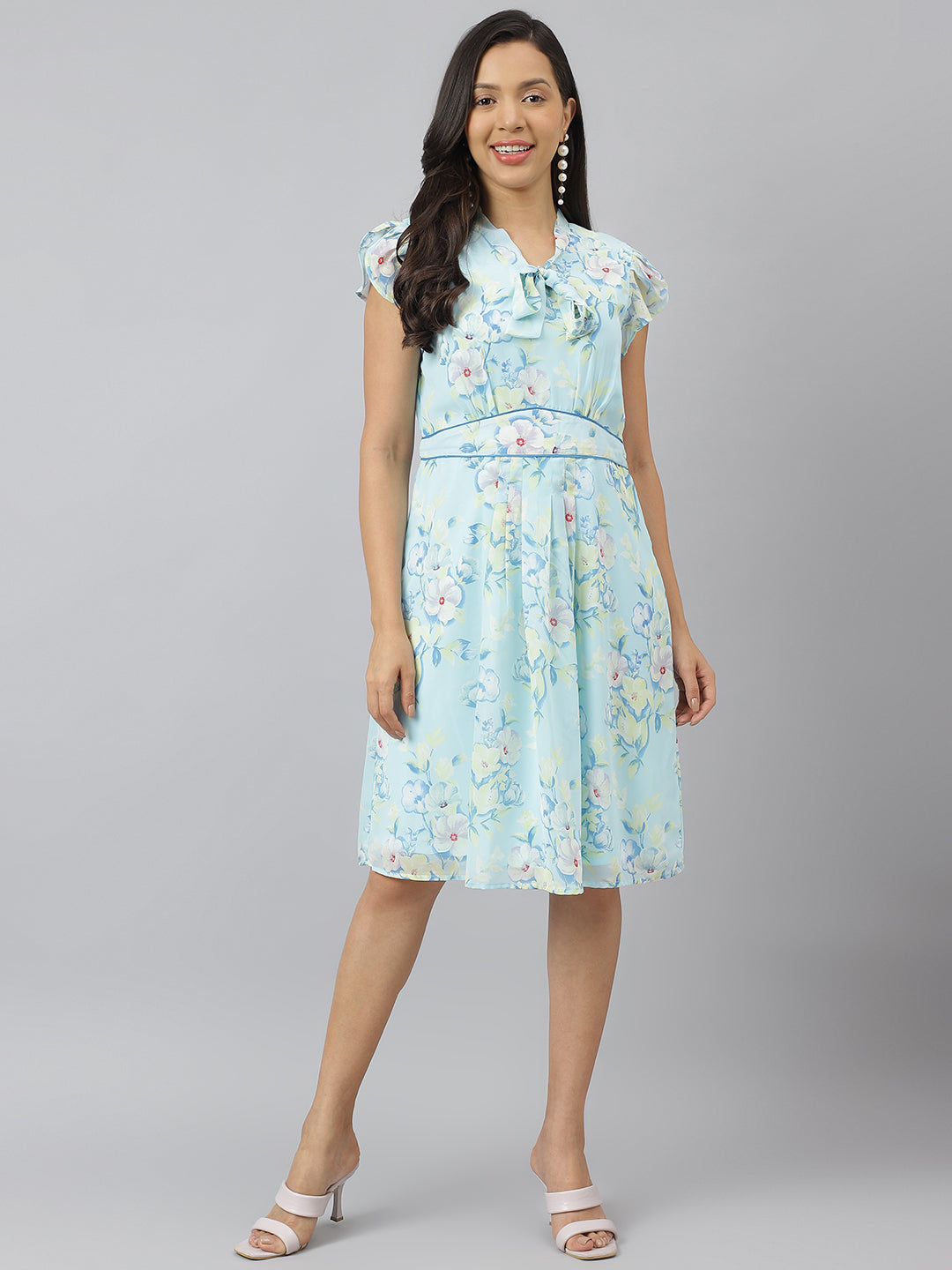 Blue Floral Printed Cap Sleeve With Tie Up Neck A Line Dress