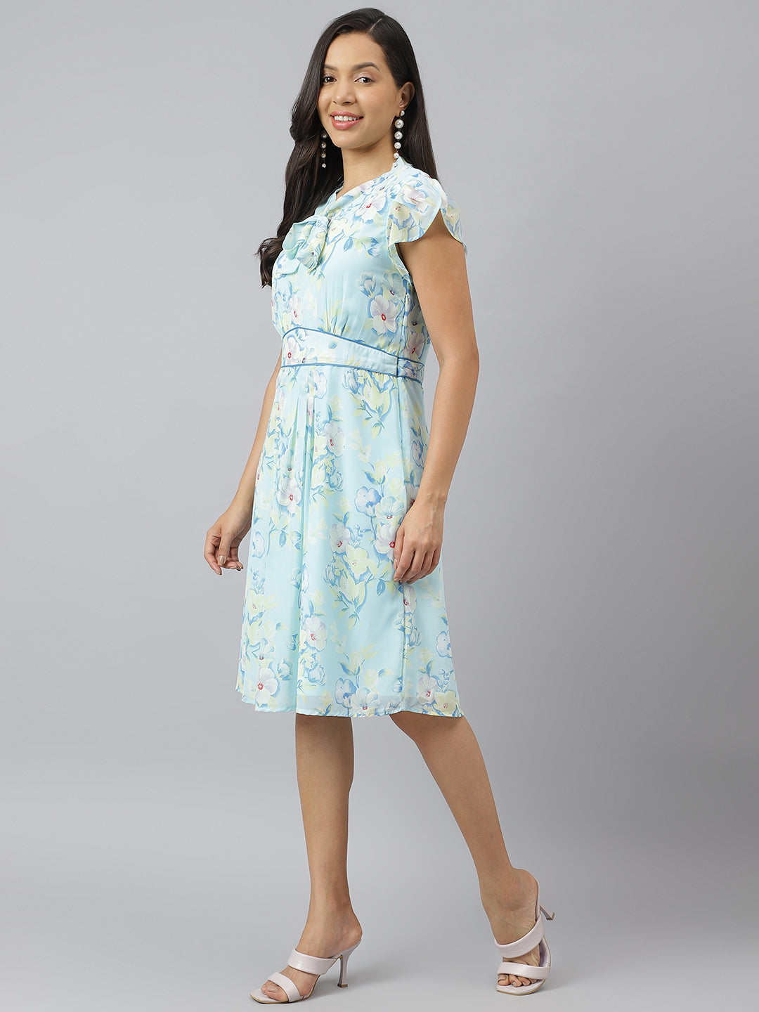 Blue Floral Printed Cap Sleeve With Tie Up Neck A Line Dress