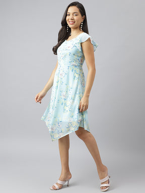 Blue Floral Printed With Cap Sleeve Asymmetric Dress