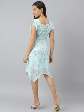 Blue Floral Printed With Cap Sleeve Asymmetric Dress