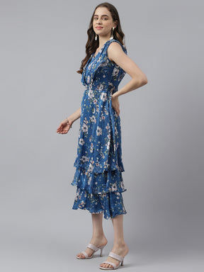 Blue Floral Printed V-Neck With Sleeveless Layared Fit & Flare Dress