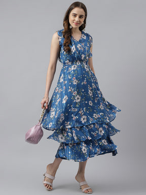 Blue Floral Printed V-Neck With Sleeveless Layared Fit & Flare Dress