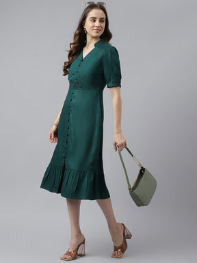 Green Solid Mandarin Collar With Puffer Sleeves Drop Waist Dress