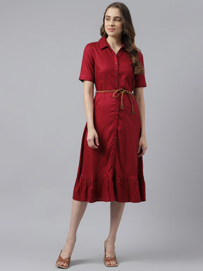 Maroon Solid Roll On Sleeves With Collar Neck Drop Waist Shirt Dress
