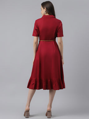 Maroon Solid Roll On Sleeves With Collar Neck Drop Waist Shirt Dress