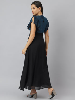 Teal V Neck With Cap Sleeve Embellished Maxi Dress