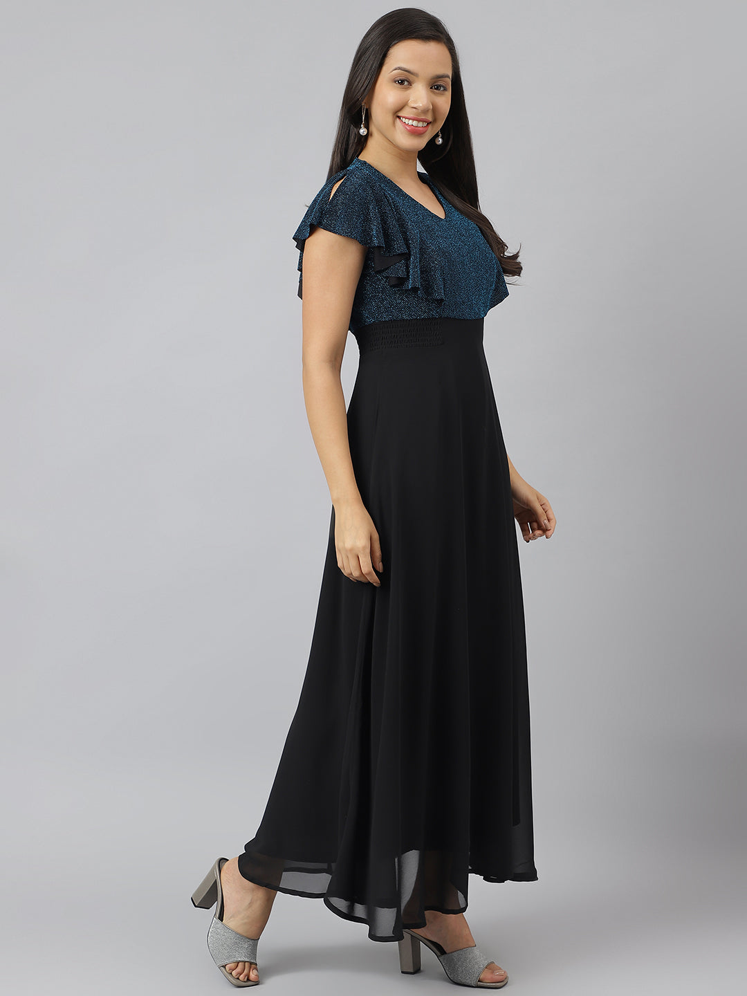 Teal V Neck With Cap Sleeve Embellished Maxi Dress