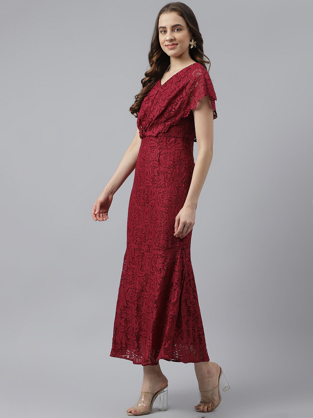 Wine Lace Short Dress with 3/4 Sleeves