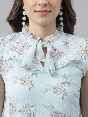 Blue Floral Printed Cap Sleeves Fit & Flare Dress With Tie Up Neck