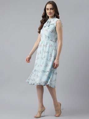 Blue Floral Printed Cap Sleeves Fit & Flare Dress With Tie Up Neck