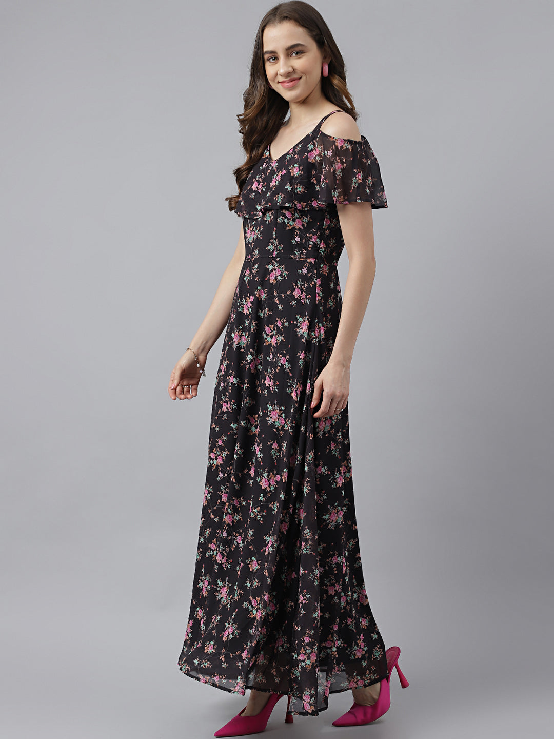 Black Floral Printed V-Neck With Cold Shoulder Layered High-Low Maxi Dress