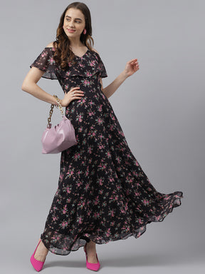 Black Floral Printed V-Neck With Cold Shoulder Layered High-Low Maxi Dress