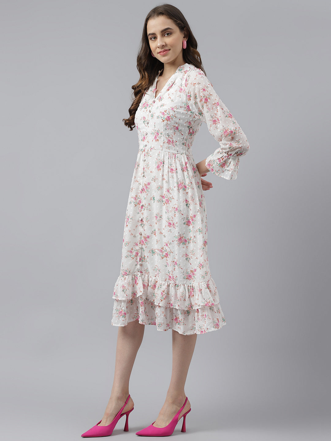 Pink Floral Printed Flute Sleeves High Waist Layered Dress With Mandarin Collar