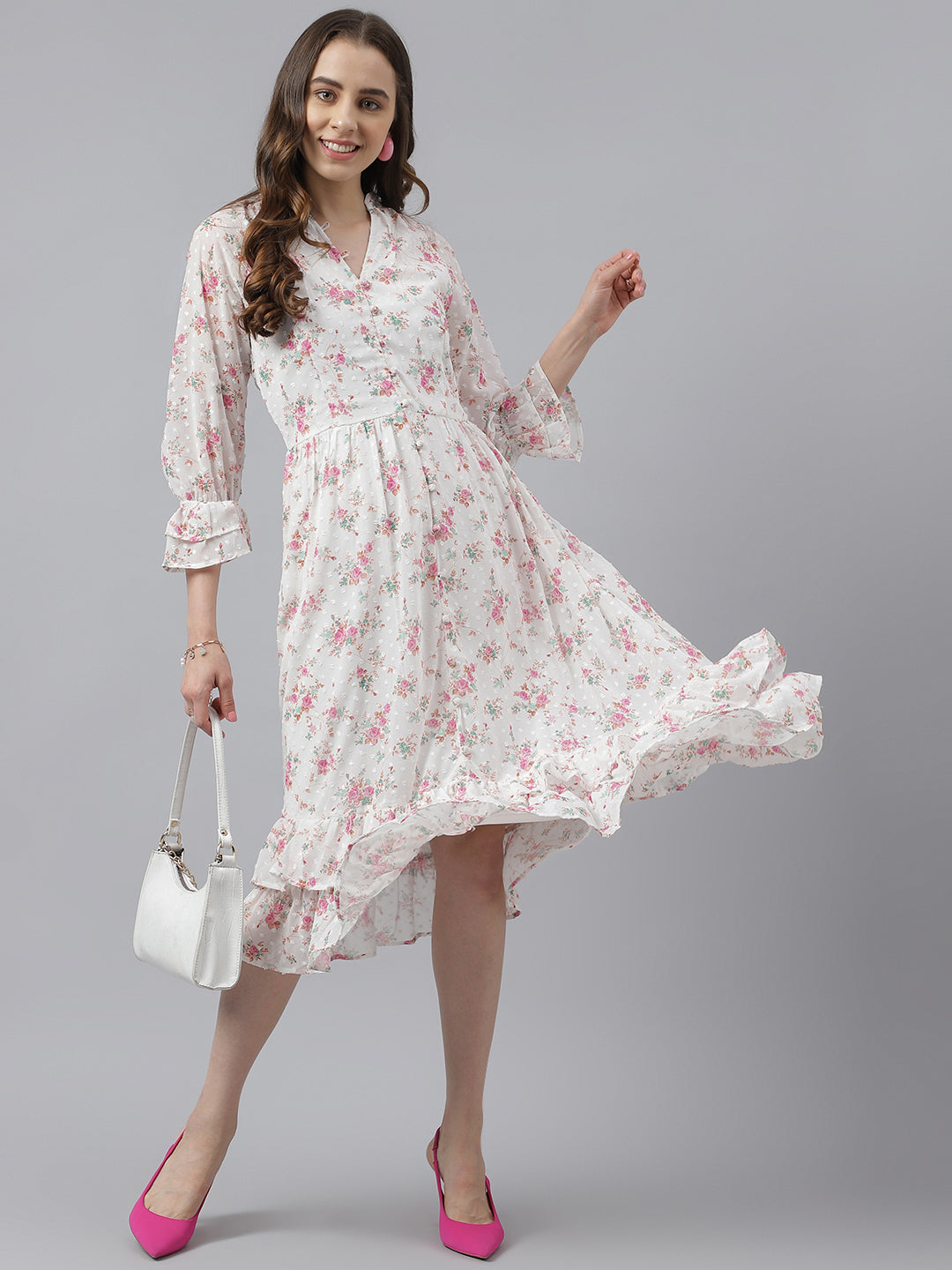 Pink Floral Printed Flute Sleeves High Waist Layered Dress With Mandarin Collar