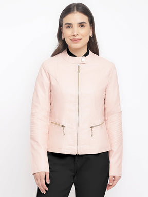 Pink Full Sleeve Straight Solid Jacket