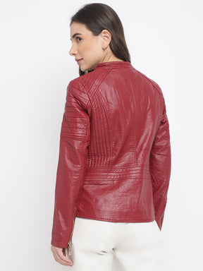 Maroon Solid Full Sleeve Leather Jacket