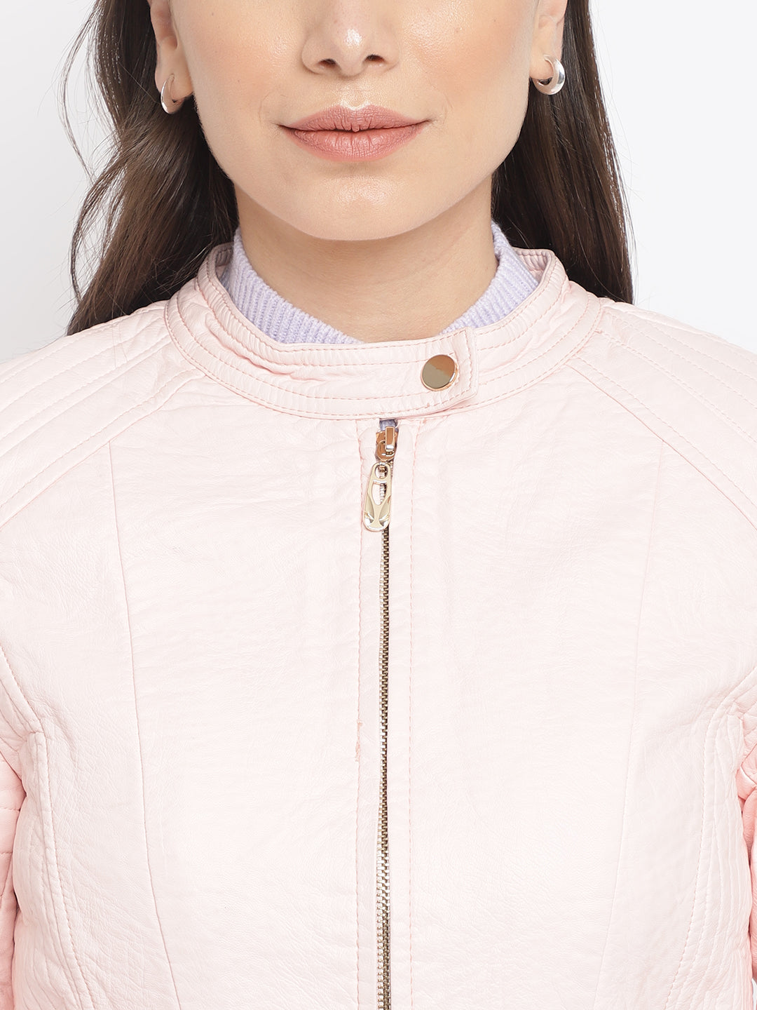 Pink Solid Full Sleeves Leather Jacket