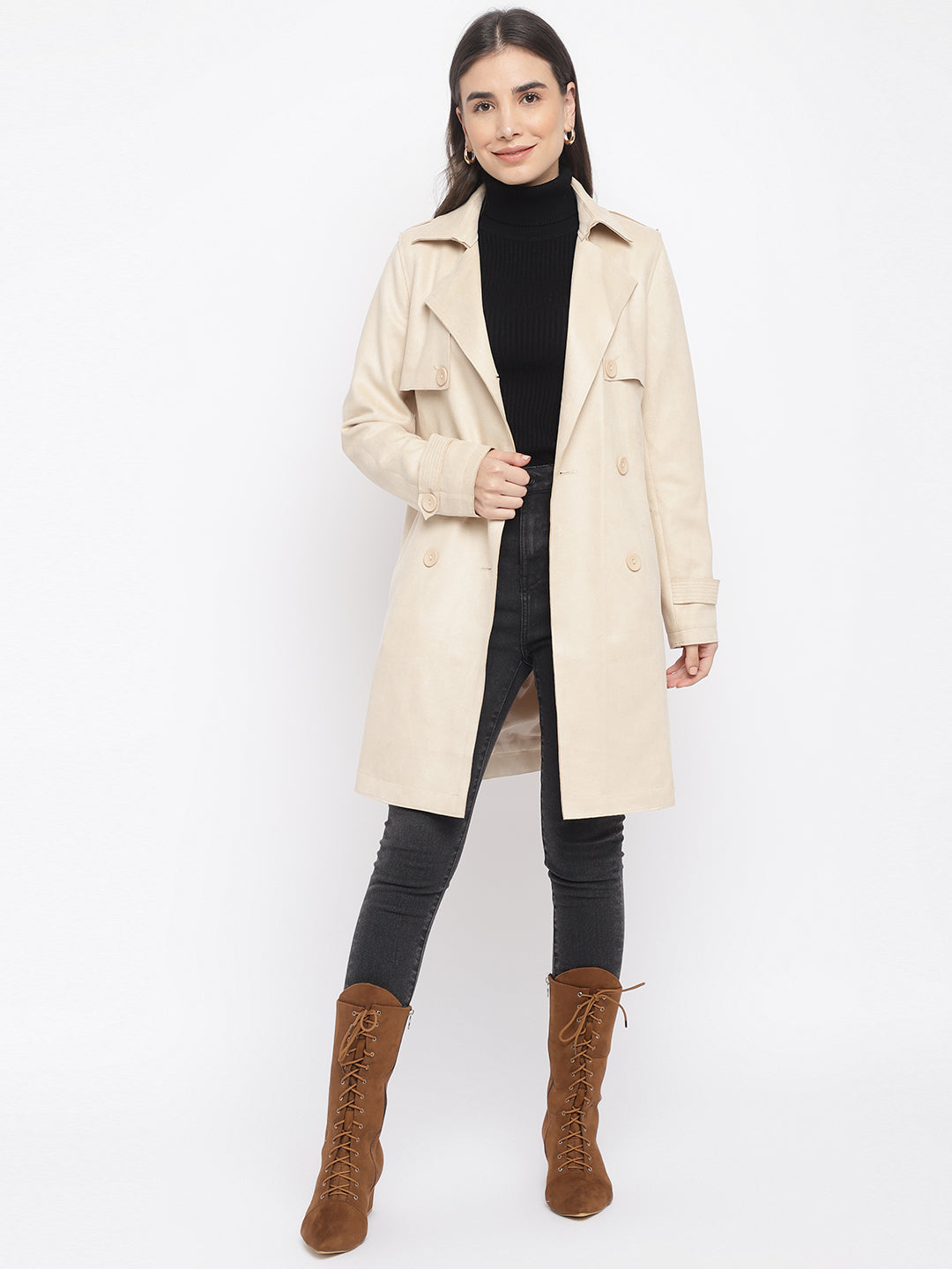 Beige Full Sleeve Trench Solid Coat