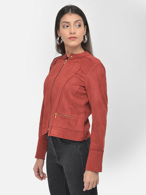 Full Sleeve Mandarin Collar Suede Straight Jacket With Pockets