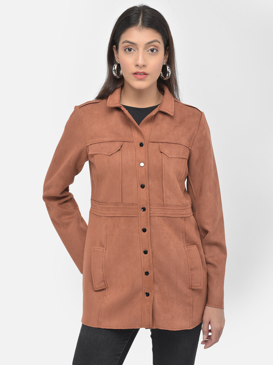 Full Sleeve Collar Neck Trench Overcoat Jacket With Pockets