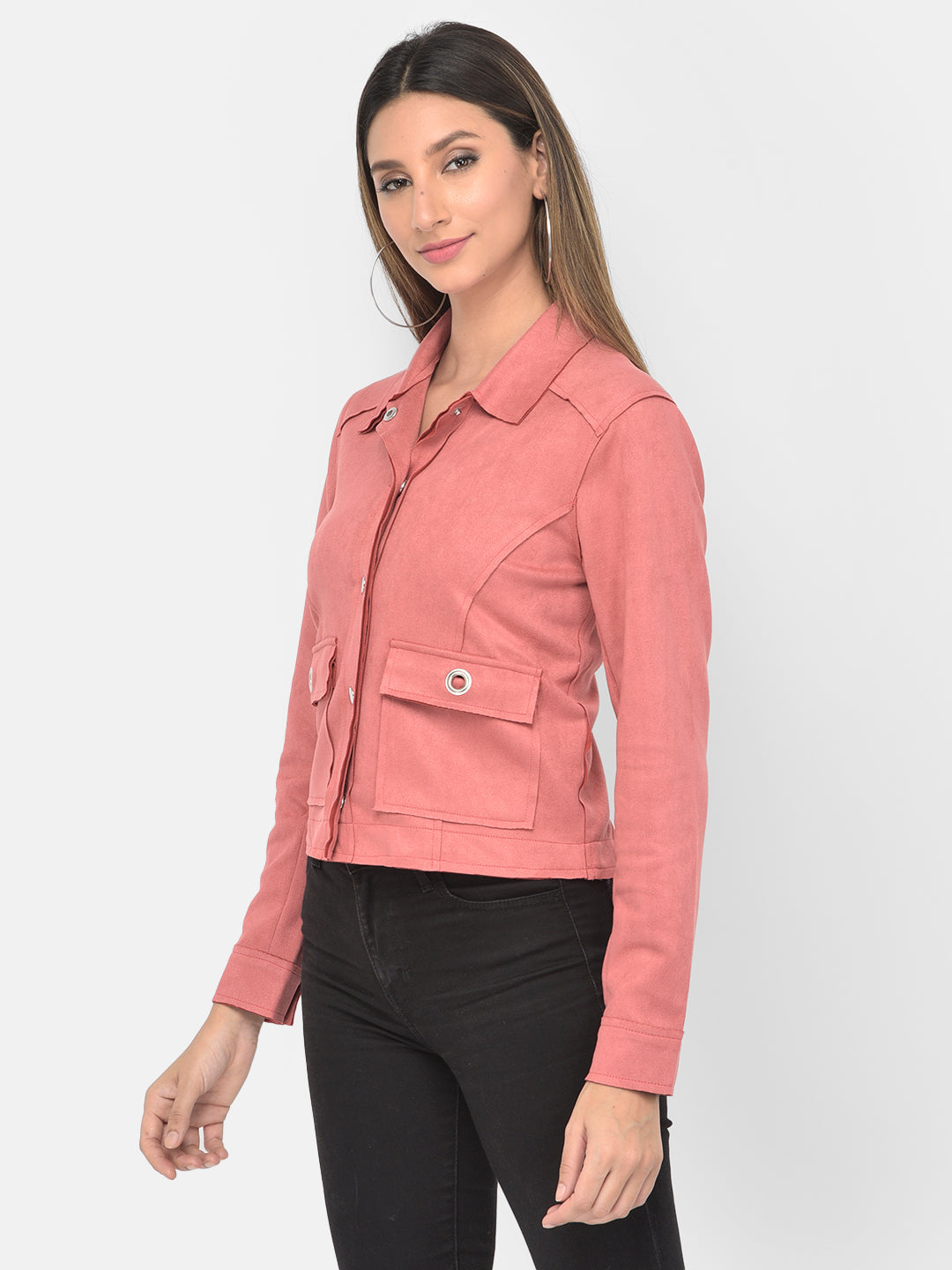 Pink Full Sleeve Straight Boxy Jacket