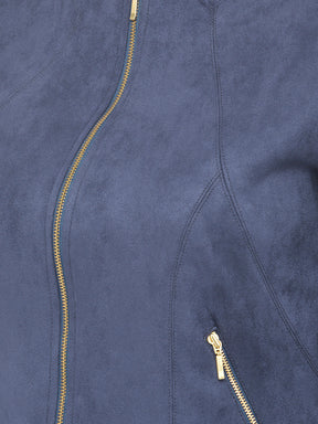 Blue Navy Full Sleeves Straight Solid Jacket